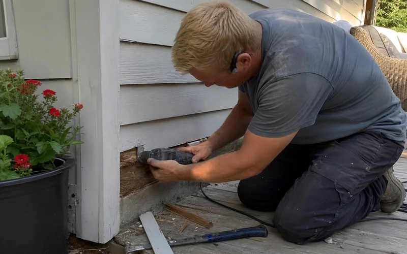 Carpenter cutting out a rotted trim section to splice in new wood