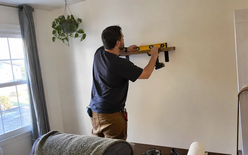 Carpenter leveling a shelf with drill and level