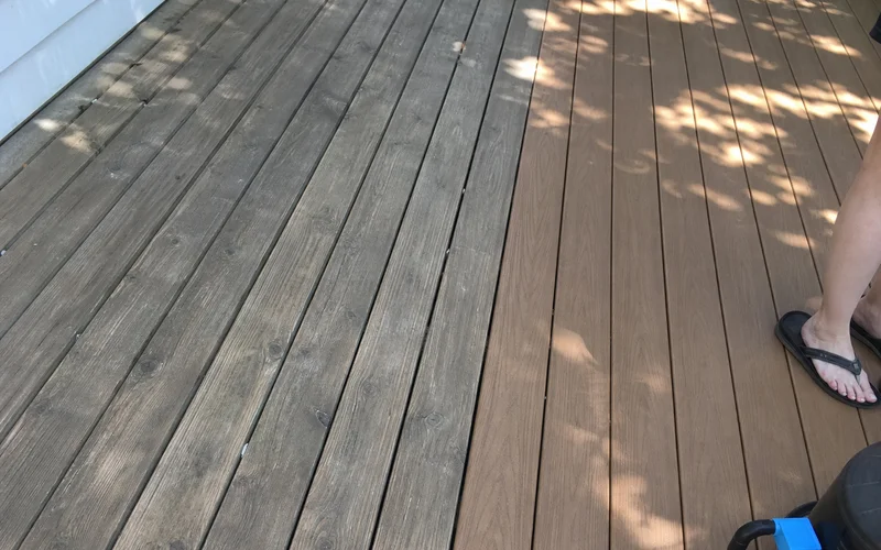 Aging PT board next to fresh composite board