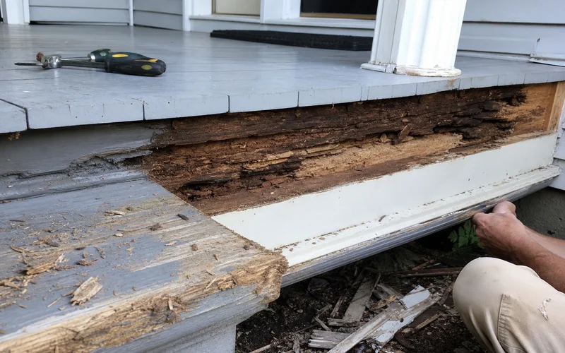 Rotted porch stringer and trim before carpentry repair on an Avon colonial home