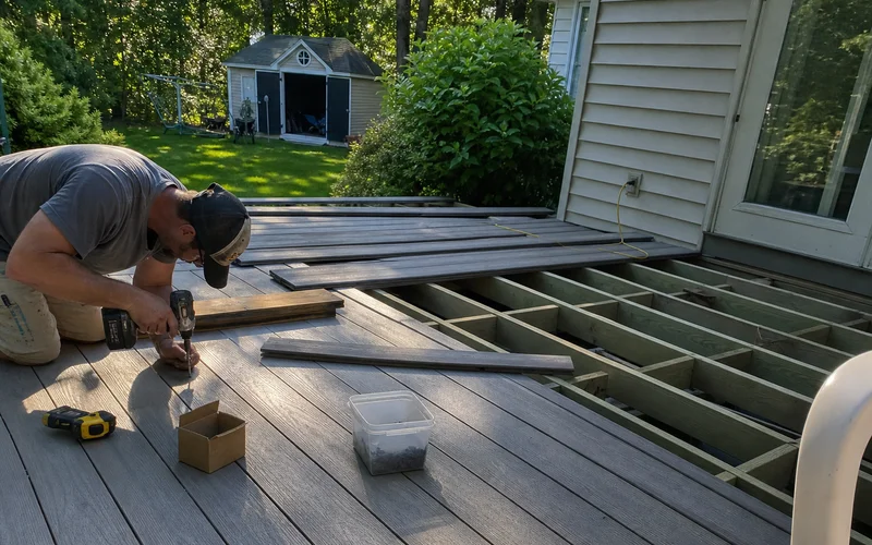 Composite decking with hidden fasteners being installed