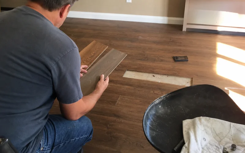Contractor comparing damaged plank vs new stock