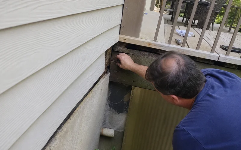 Deck ledger board being inspected for failed flashing