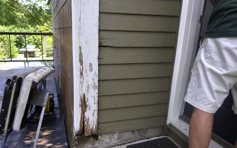 Discolored, peeling paint and swollen trim showing early rot
