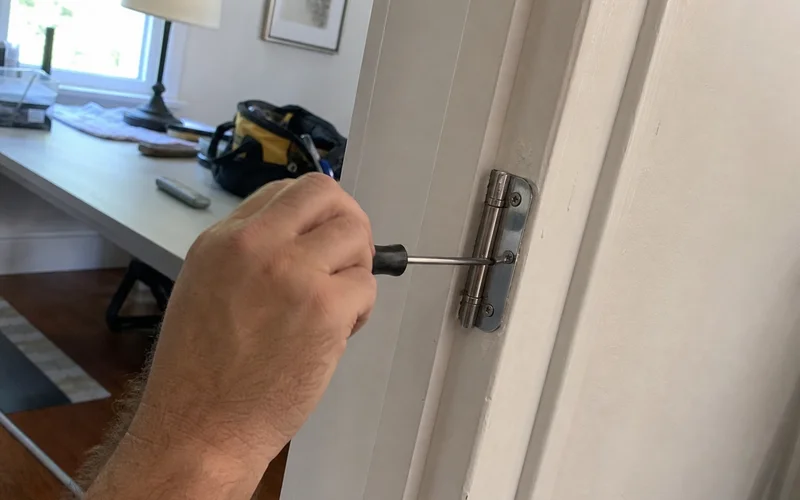 Adjusting a hinge screw on an interior door