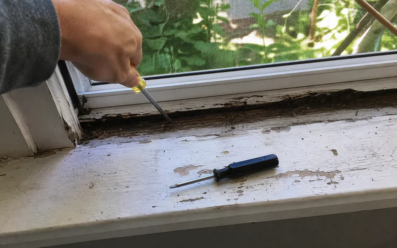 Hand pressing a screwdriver into a spongy, rotted window sill