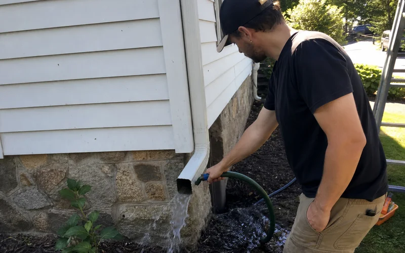 Handyman flushing a downspout with a garden hose after gutter cleaning