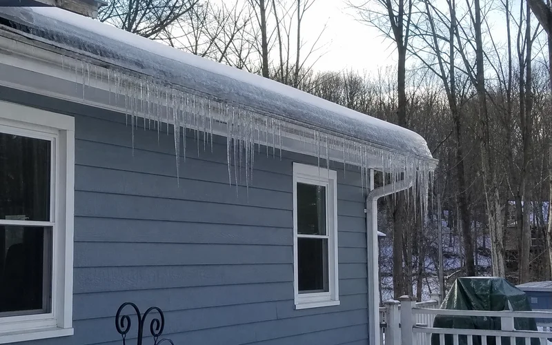 Ice dam on roof edge with icicles