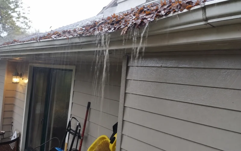 Overflowing clogged gutter in heavy rain