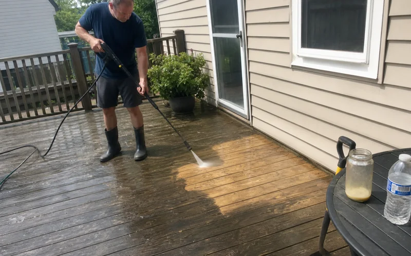 Power washing a weathered wood deck