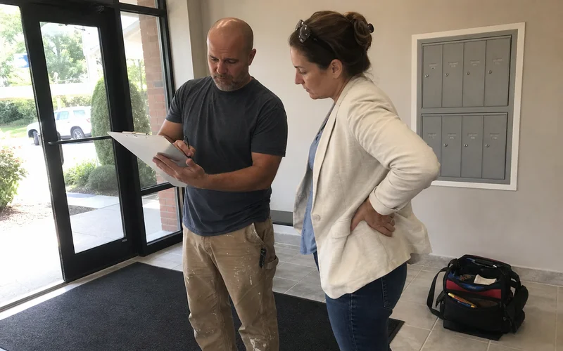 Property manager reviewing a punch list with handyman