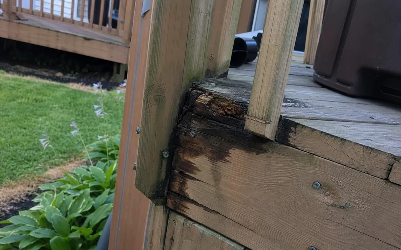 Rotted deck board end where it meets the ledger