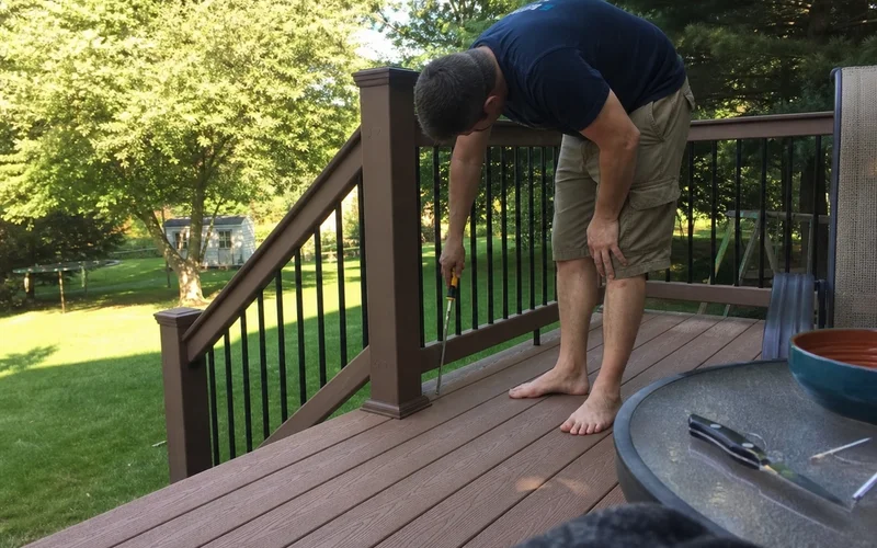 Screwdriver pressed into a soft deck board