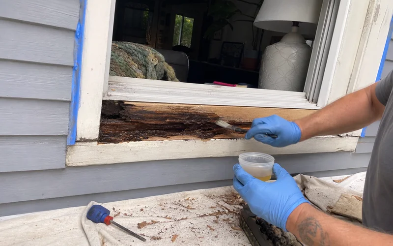 Epoxy consolidant being applied to a partially rotted window sill