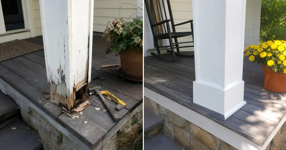 Front porch of an Avon, CT home showing rotted trim before repair and freshly rebuilt painted carpentry after